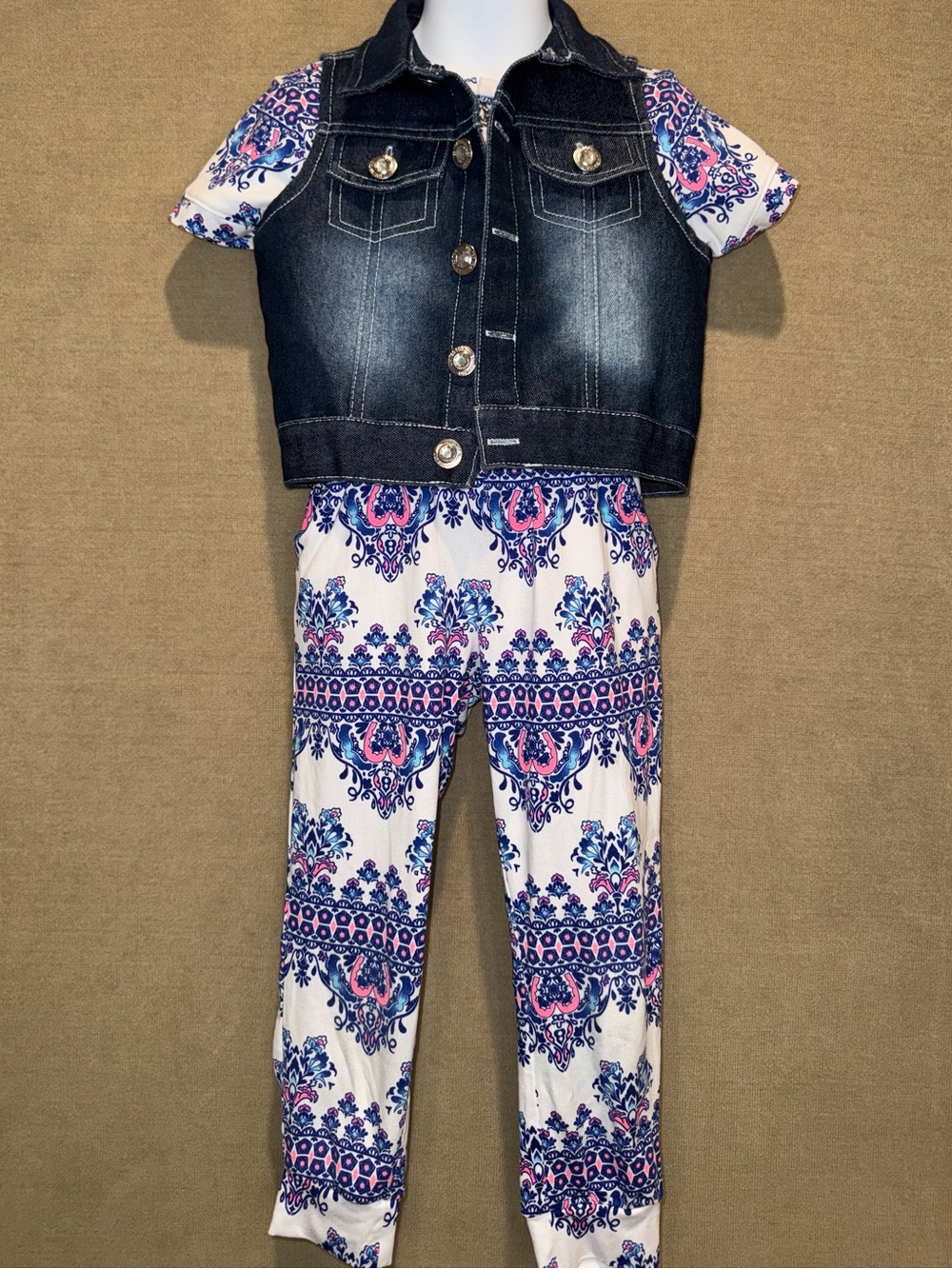 Limited Too Girls Size 4 Dark Wash Denim Vest & Printed Henley Jumpsuit Outfit